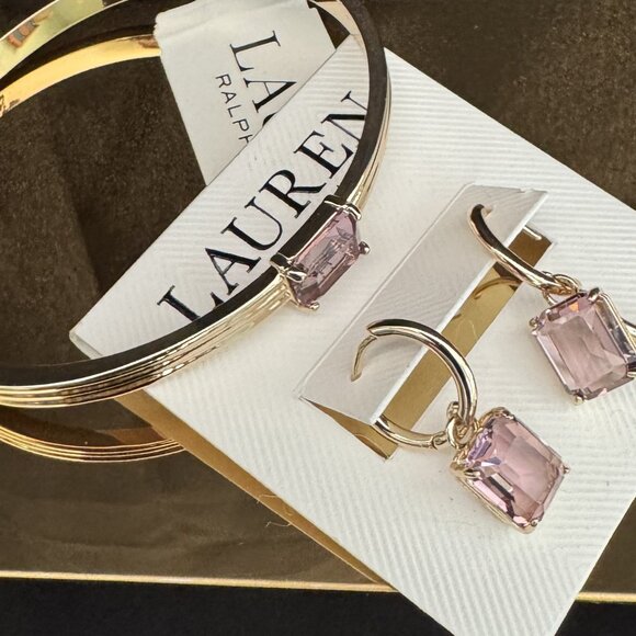 Lauren bracelet and earring set with light purple stones in gold tone setting. - Picture 2 of 3